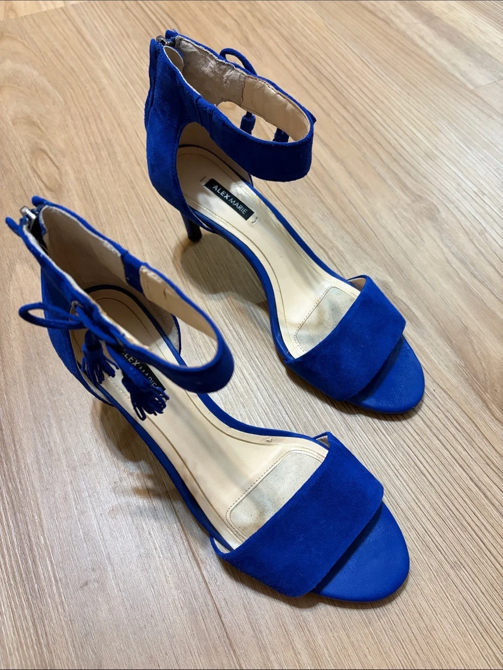 Alex Marie Womens 8M Cobalt Blue Tassel Ankle Strap Block Heel Sandals